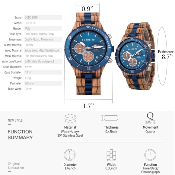 Luxury Zebra Wood Blue Chronograph Military Quartz Watch - Picture 16 of 16